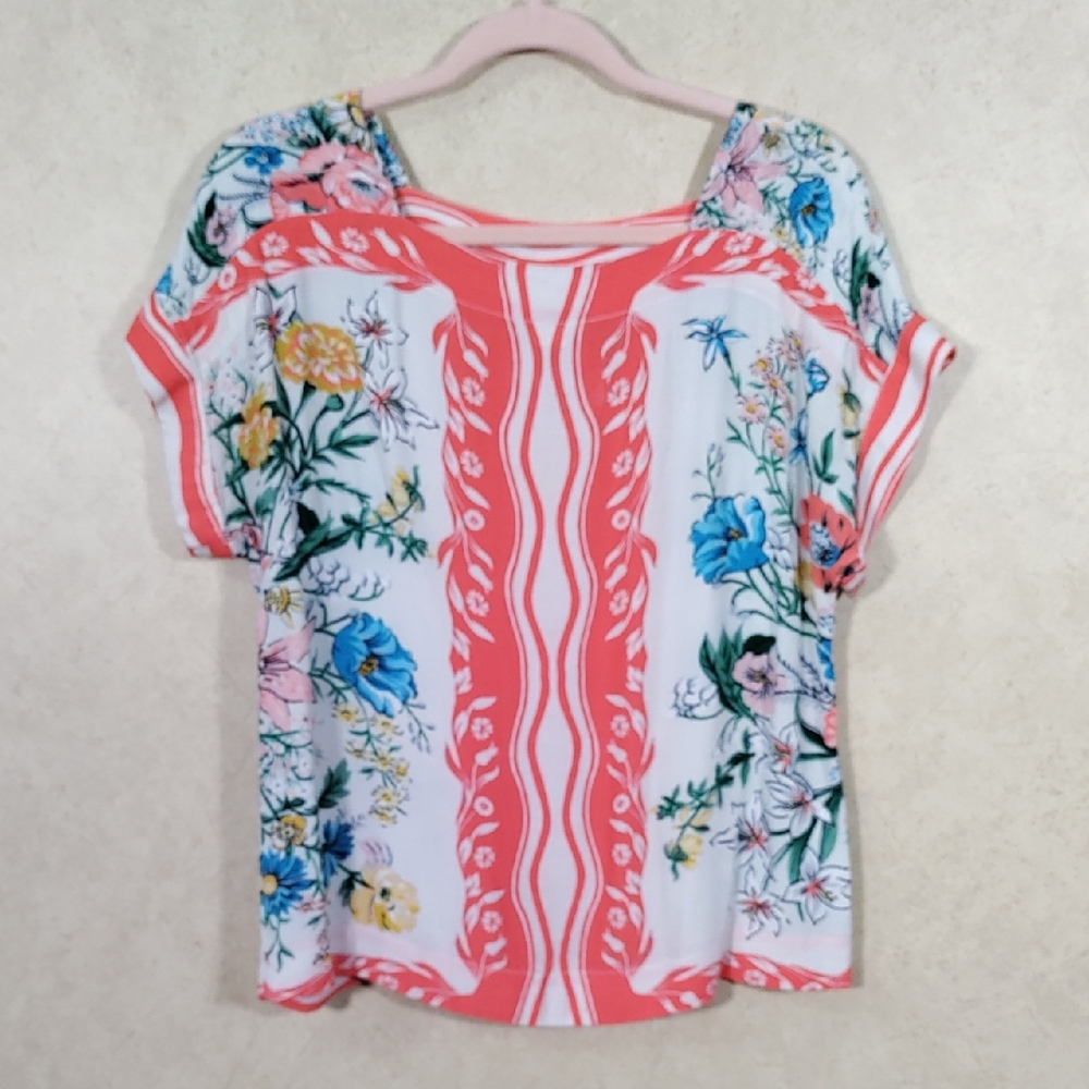 Maeve Coral and White Floral Short-Sleeve Blouse - Size Small